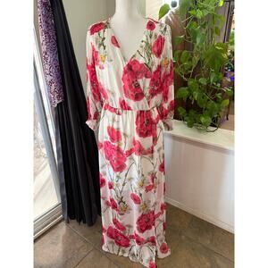 New York & Company Floral Maxi Dress White Pink Poppy Print Long Sleeve Size 10
